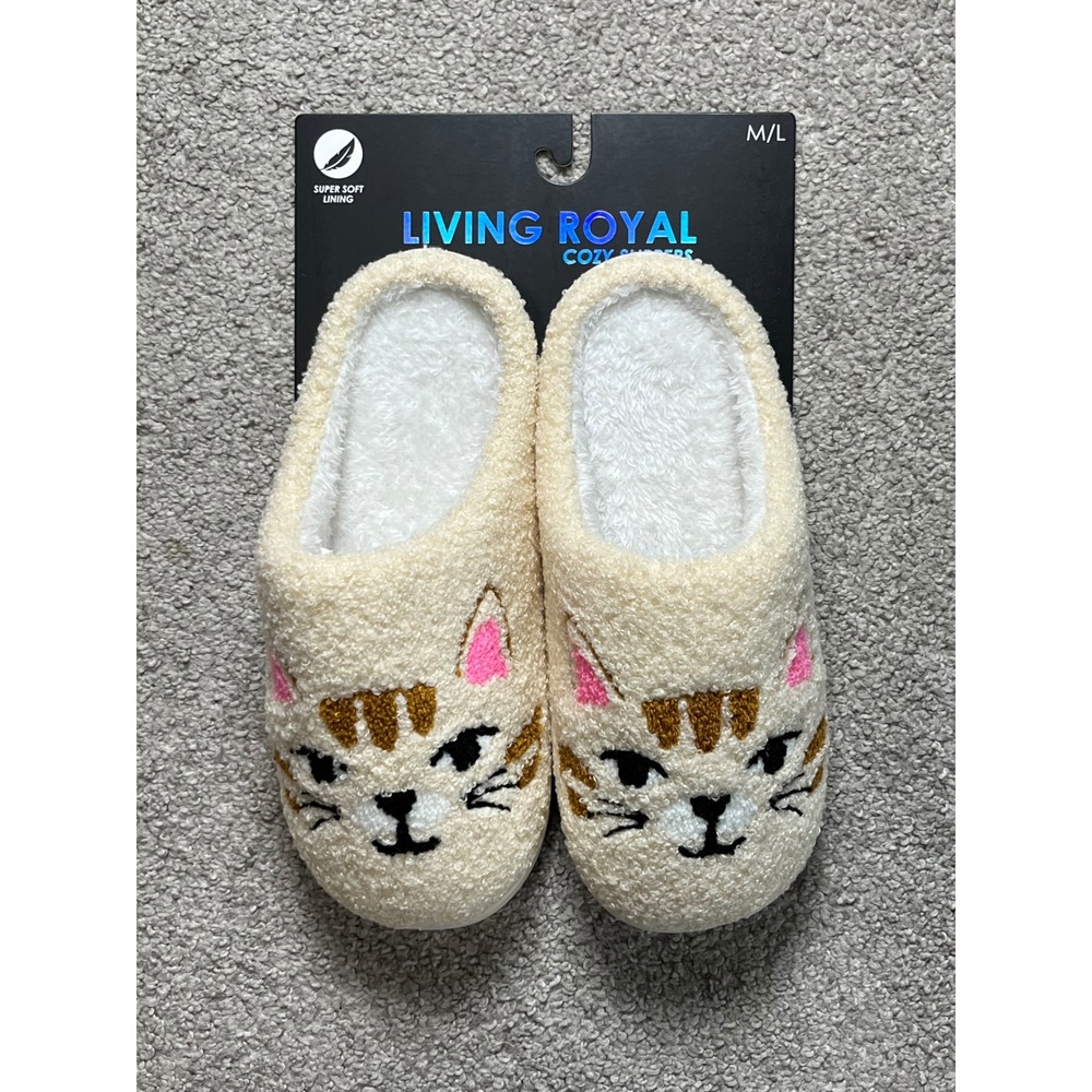 Living Royal Cat Face Slippers Cozy Super Soft Lining M/L Cream Womens